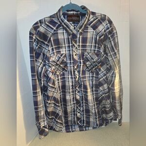 Rock & Roll Cowboy Blue Plaid Western Shirt/ Fleur-de-lis pockets sz XL